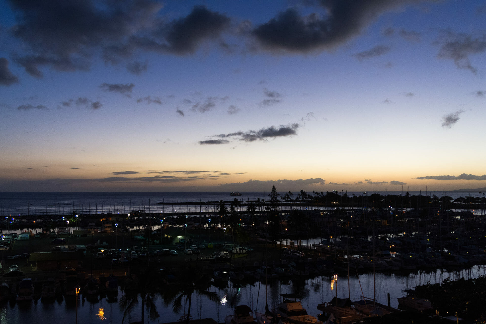 Ala Wai Harbor with sunset past