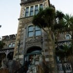 Lions guard the fron door of Larnach Castle