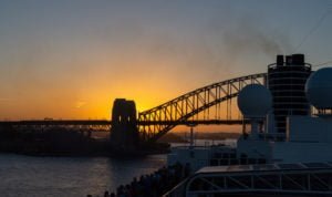 Sydney's Harbor Bay Bridge against the sunset during our departure.