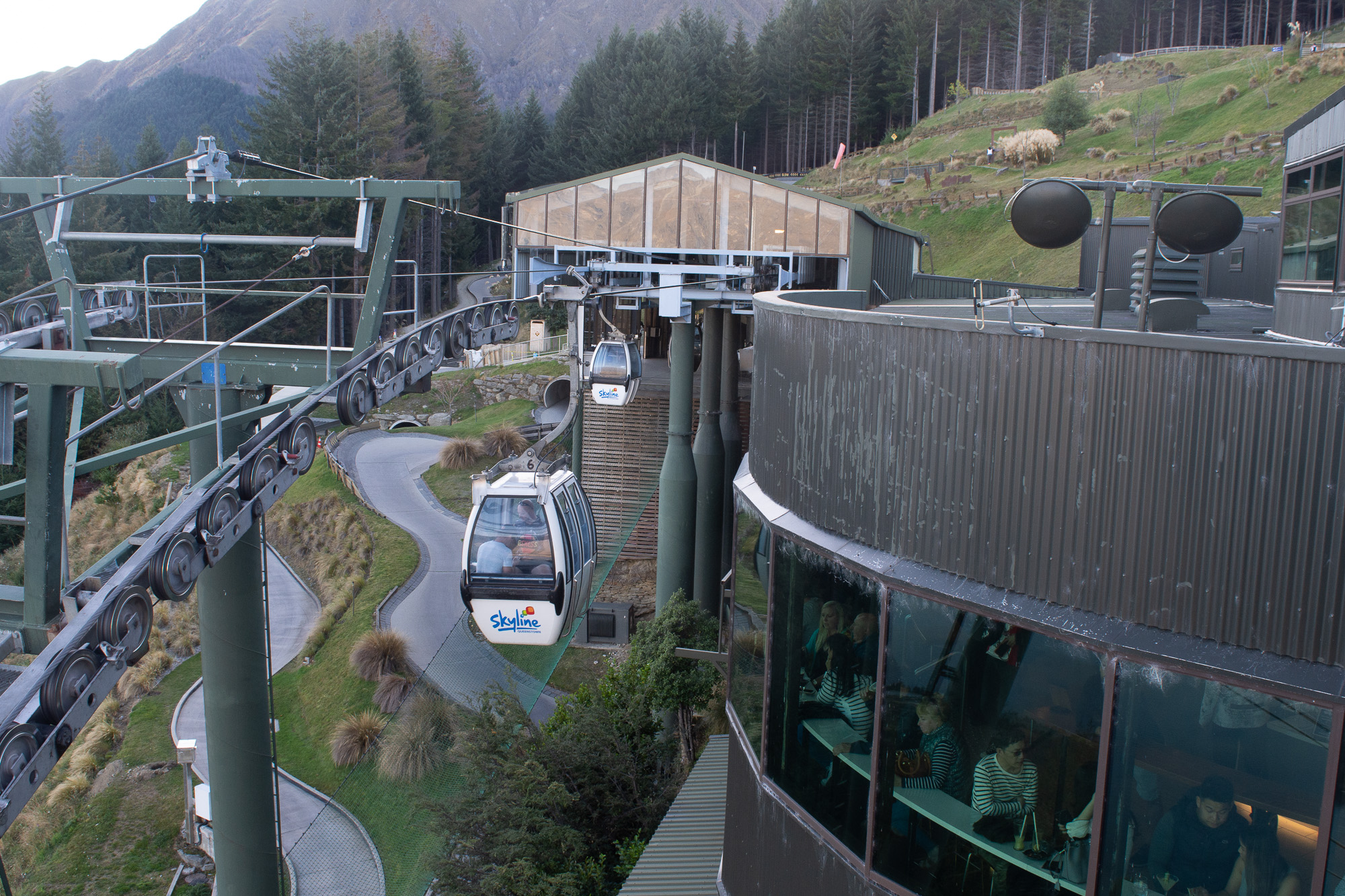 This is the end of the line for the gondola lift out of Queenstown up the mountain to Skyline Queenstown.