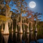 Bald Cypress with Spanish Moss under a full moon
