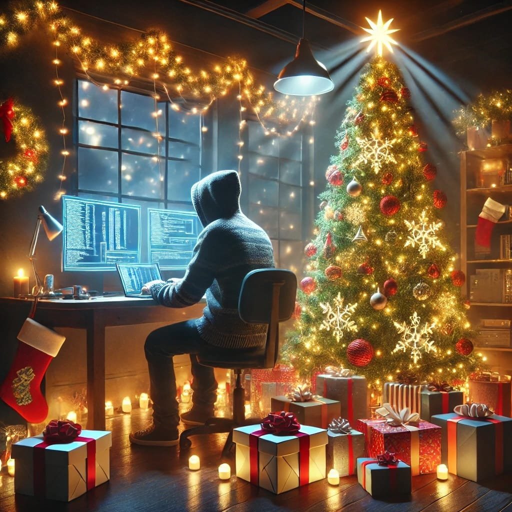 The 12 Scams of Christmas - hacker near tree