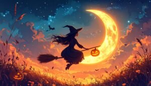 Halloween witch on a broom
