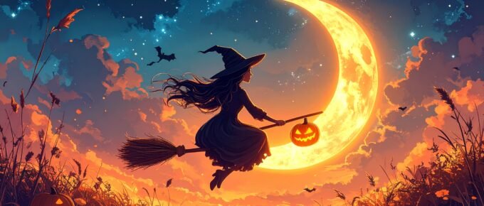 Halloween witch on a broom