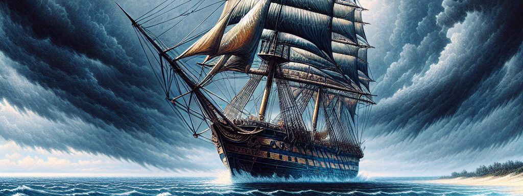 A British four-masted steel barque listing to one side in heavy winds on a rough sea just off a sandy beach. - Image credit: Terry Ambrose