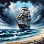 A British four-masted steel barque listing to one side in heavy winds on a rough sea just off a sandy beach. - Image credit: Terry Ambrose
