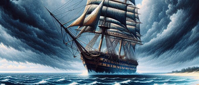 A British four-masted steel barque listing to one side in heavy winds on a rough sea just off a sandy beach. - Image credit: Terry Ambrose