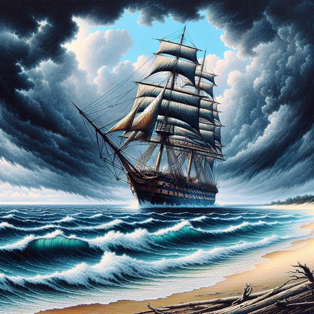 A British four-masted steel barque listing to one side in heavy winds on a rough sea just off a sandy beach. - Image credit: Terry Ambrose