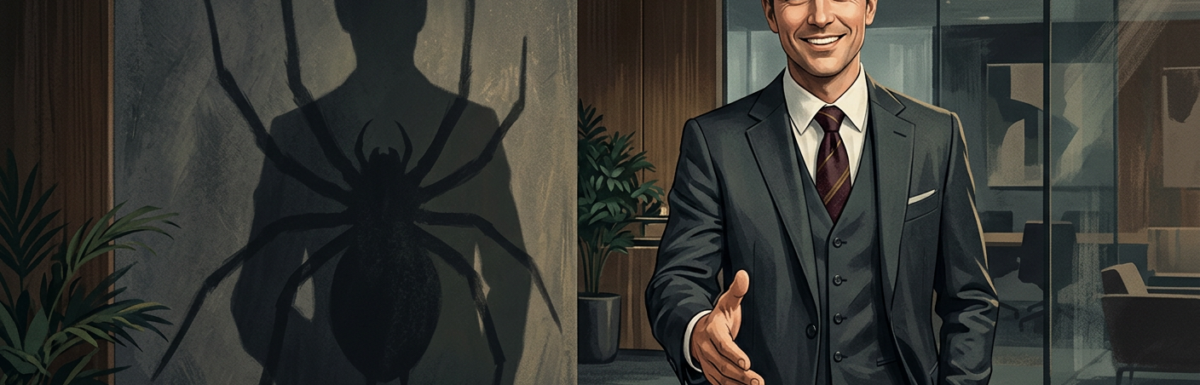 Businessman looking sinister with spider's web on the wall behind him