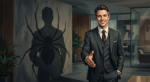 Businessman looking sinister with spider's web on the wall behind him