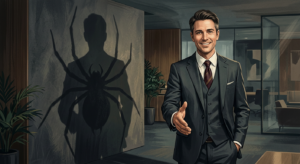 Businessman looking sinister with spider's web on the wall behind him