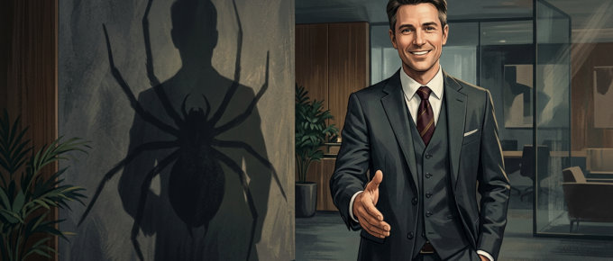 Businessman looking sinister with spider's web on the wall behind him